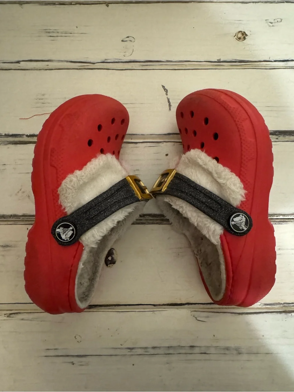 CROCS Kids Red Faux-Fur Lined Clogs with Black Strap and Gold Buckle